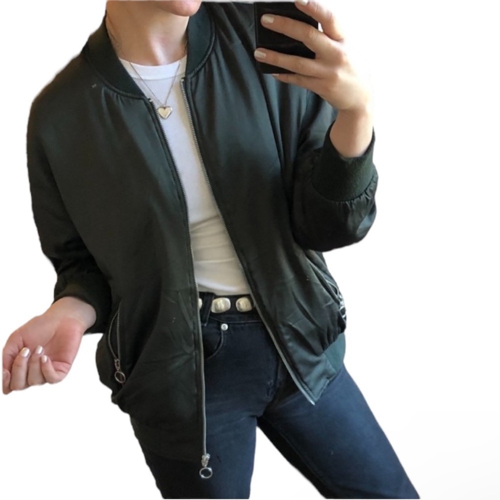 ZARA COLLECTION Green Silky Relaxed O-Ring Zipper Bomber Jacket Small |fits XS-M - Picture 11 of 16
